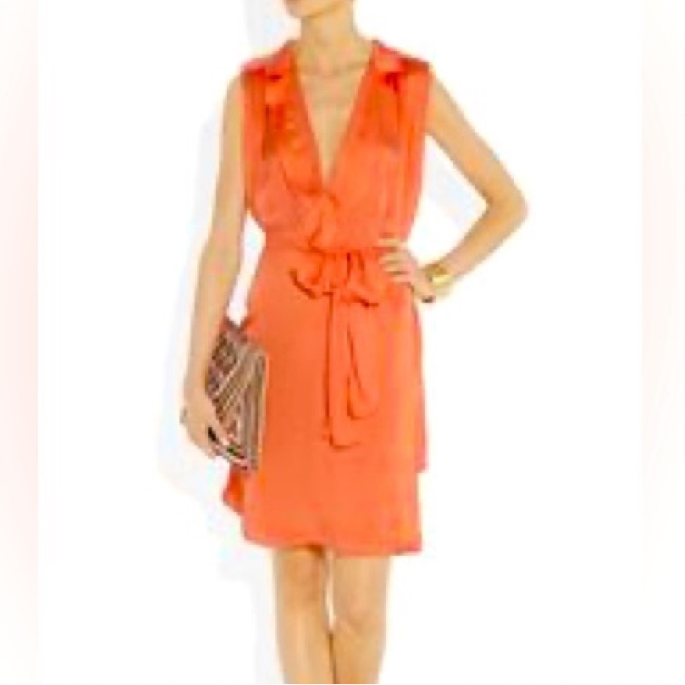 L’AGENCE STUNNING TANGERINE V-NECK‎ FLOWY TIE FRONT MINI DRESS NWT COCKTAIL